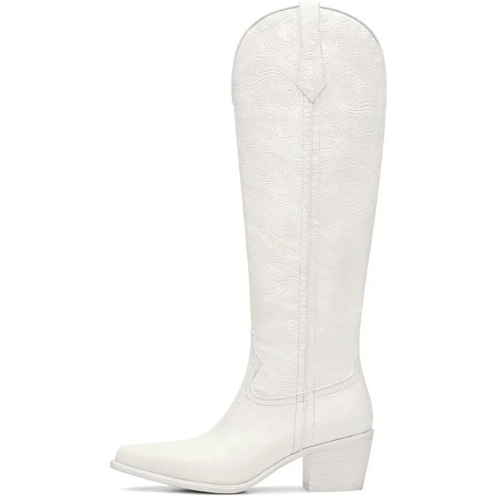 Women White Boots Embossed Knee High Western Boots Pointed Toe Comfortable